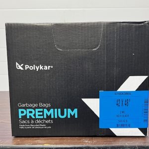 Box of Polykar Premium 3-mil black garbage bags, size 42 x 48 inches, containing 50 bags, made from recycled plastic