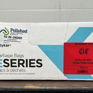 Box of Polykar E-Series extra-strong black garbage bags, size 42 x 48 inches, containing 100 bags, with a re-order sticker from Polished Janitorial Supply