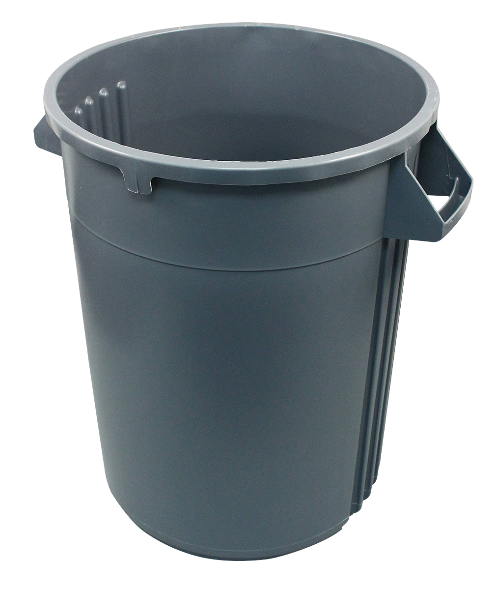 Gray plastic trash bin with handles, designed for commercial use with a sturdy and durable build