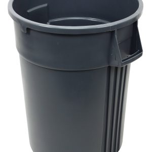 Gray plastic trash bin with handles, designed for commercial use with a sturdy and durable build