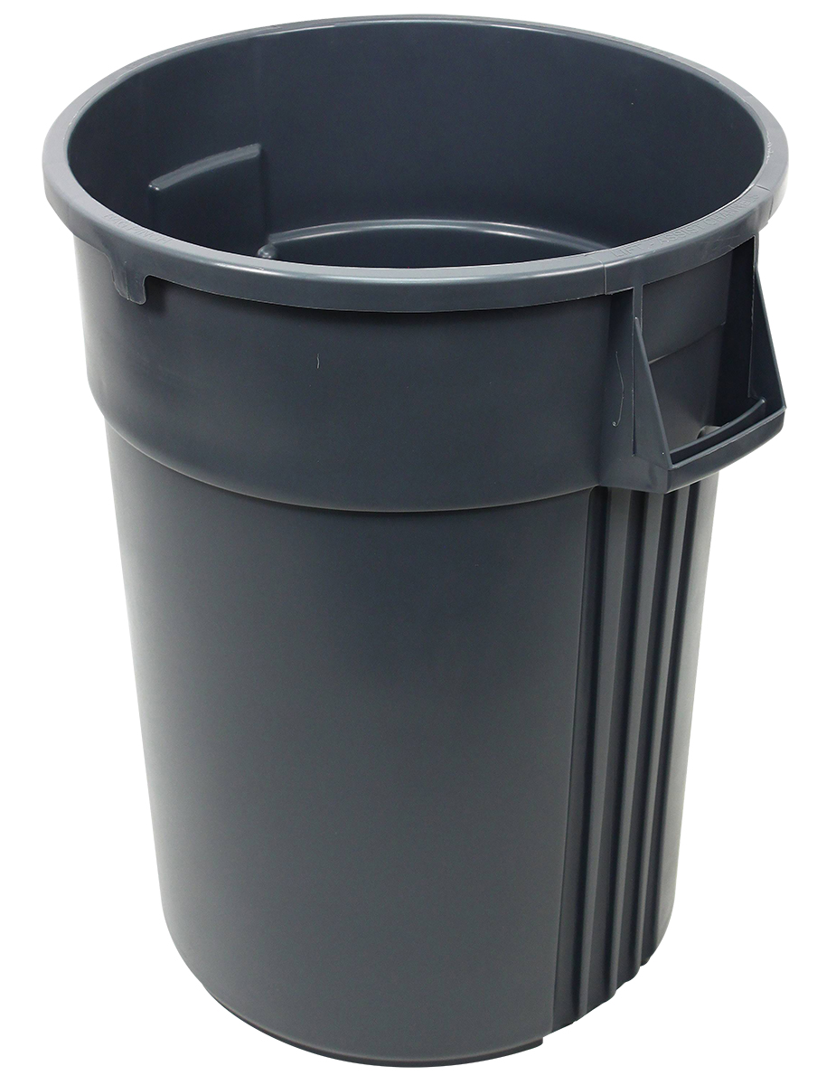 Gray plastic trash bin with handles, designed for commercial use with a sturdy and durable build