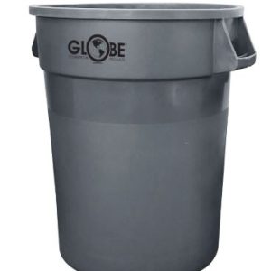 Grey GLOBE commercial trash can with sturdy handles and a simple, durable design