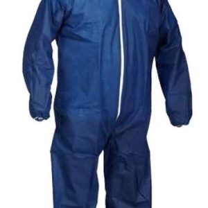 Blue disposable coverall protective suit with a hood and zipper, designed for full-body coverage.