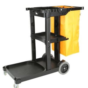 Rubbermaid commercial cart with an orange laundry bag, black frame, and large wheels for easy movement