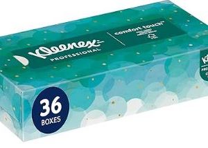 Box of Kleenex Professional Comfort Touch tissues, containing 36 individual boxes with a teal and blue design.