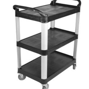 Three-tier Rubbermaid utility cart with black plastic shelves and aluminum frame, featuring four wheels for easy mobility