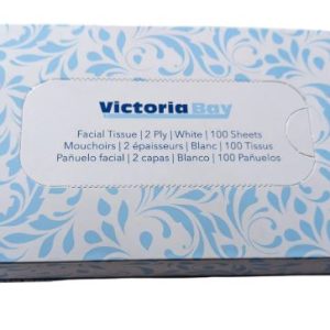 Victoria Bay facial tissue box with a blue floral design, containing 100 white 2-ply sheets.