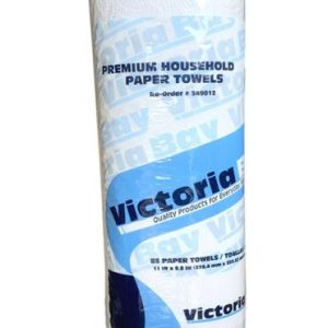 Roll of Victoria premium household paper towels with blue and white packaging, featuring 85 sheets per roll.